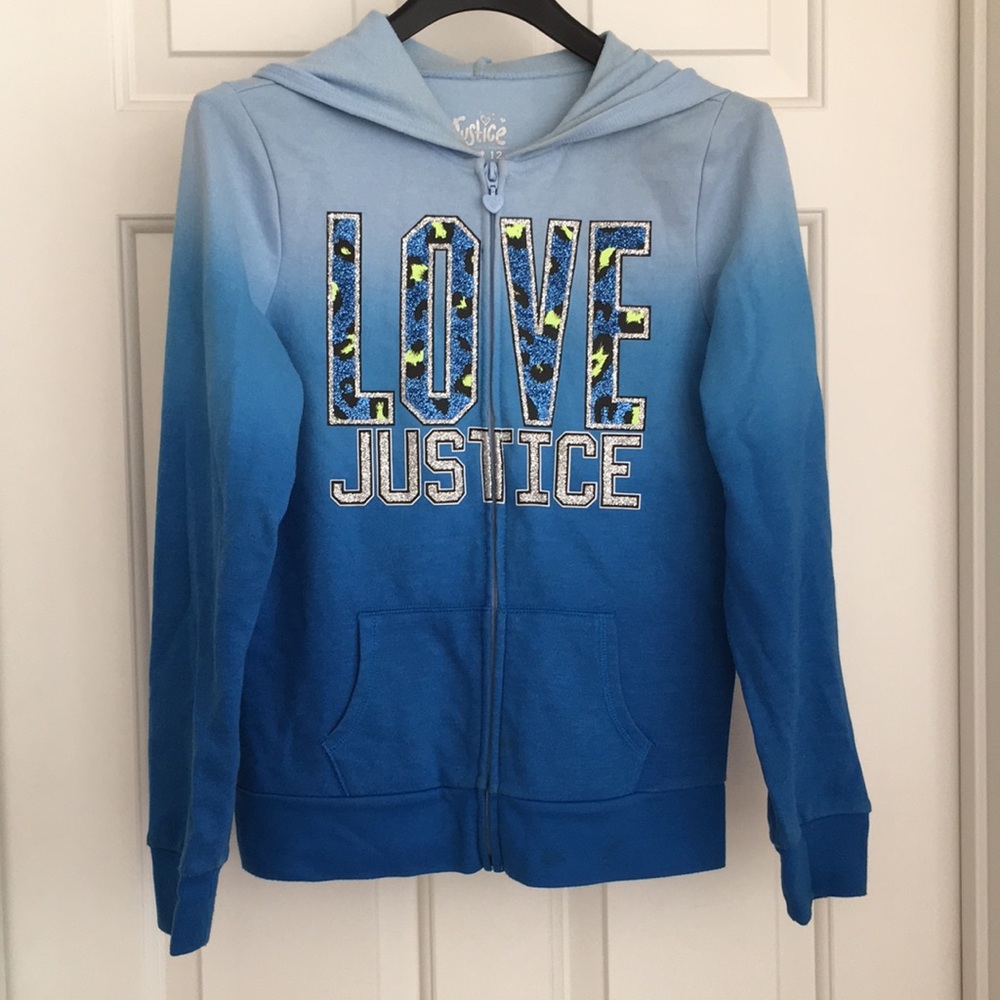 Justice Girls light Jacket 12 Blue Hoodie Sparkly brand graphic Zipper Pockets
